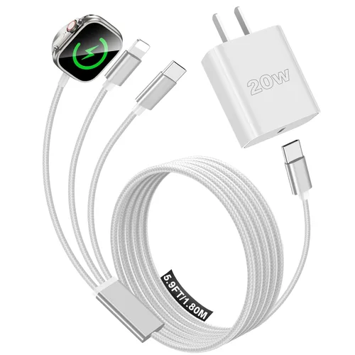 Miniatura 15 de Esenciales de viaje para cargador de Apple Watch, cargador de iPhone, cable de carga múltiple 3 en 1 tipo C/Lightning/magnético con bloque