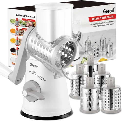 Miniatura 22 de Rallador de queso giratorio Geedel con 3 cuchillas intercambiables, rallador de mandolina de cocina para verduras, frutas, nueces, fácil de limpiar