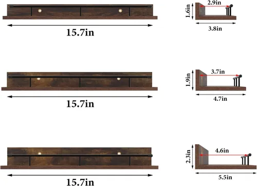 Miniatura 3 de Giftgarden Estantes flotantes negros de 16 pulgadas con barandilla de metal negro, estantes de madera para almacenamiento de pared, juego de 3