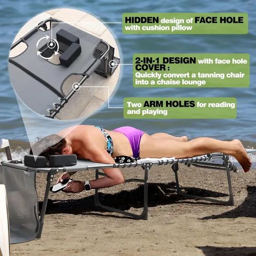 Miniatura 7 de MUPATER Silla de bronceado con agujero facial, tumbona de patio con respaldo ajustable de 5 posiciones, almohada y bolsillo extraíbles, tumbona