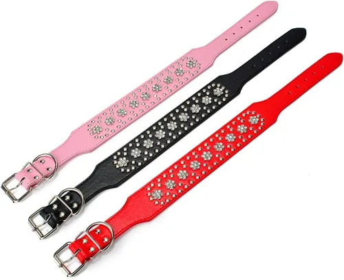 Miniatura 8 de Collares de perro con diamantes de imitación, diseño de flores, de piel sintética con tachuelas y diamantes de cristal brillantes, deslumbrante, Rojo
