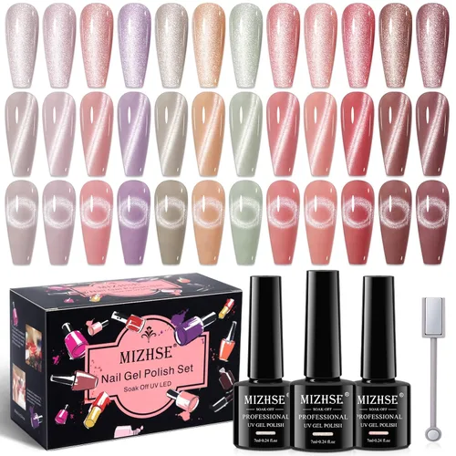 Miniatura 18 de MIZHSE - Juego de esmalte de uñas de gel de ojo de gato 9D de 8 colores, kit de esmalte de gel magnético mejorado con barra magnética, esmalte de A