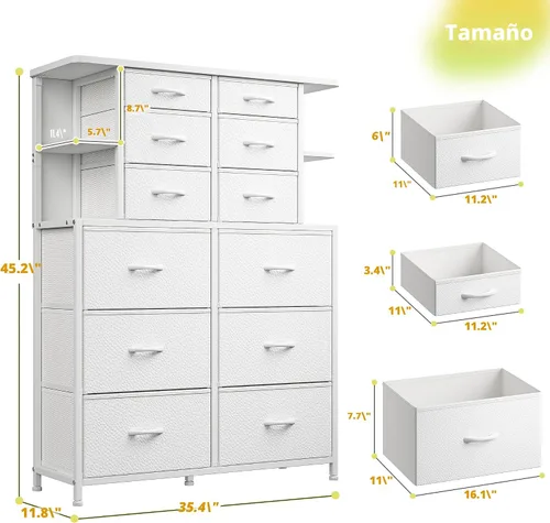 Miniatura 3 de EnHomee Cómoda blanca para dormitorio con luces LED y 12 cajones con 4 estantes abiertos, cómoda de tela y cómoda, marco de metal, 45.2 pulgadas