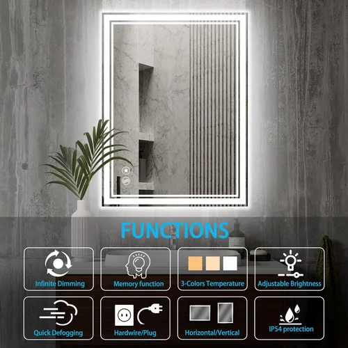 Miniatura 2 de Paquete de 2 espejos de baño de 24 x 36 pulgadas con luces LED regulables de 3 colores, espejo LED sin niebla para tocador de baño, espejo con luces