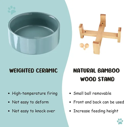 Miniatura 7 de SPUNKYJUNKY Cuenco de cerámica inclinado en 15° para perros y gatos con soporte de madera, cuenco inclinado para comida y agua para bulldog, Verde