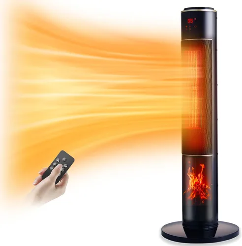 Calentador de espacio eléctrico portátil para habitación grande de 37" con torre de cerámica, llama 3D para calefacción de habitación, oscilante,