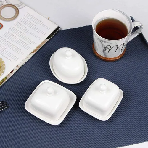 Miniatura 6 de NAGU Mini plato de mantequilla ovalado con tapa, plato de queso blanco con forma de procelain abovedado con asa, bandeja de mantequilla pequeña