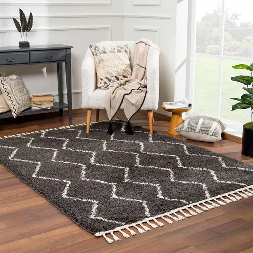 Miniatura 99 de Hauteloom, Duncans - Alfombra de estilo granja de pelo mullido para sala y dormitorio, con borlas - Beige, carbón, gris - 2 pies 7 pulgadas x 7 pies
