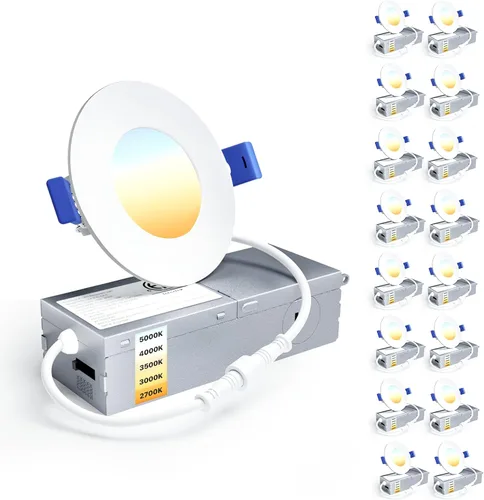 Ensenior 16 Pack 3 Inch LED Recessed Ceiling Light, Dimmable, 2700K-5000K 5CCT, 500LM 6W 120V, High Brightness Canless Wafer Downlight - ETL&FCC&IC