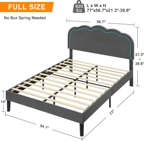 Miniatura 2 de VECELO Marco de Cama Full Tapizado con Cabecero Ajustable, Luces LED, USB-A y Tipo C, Cama Plataforma de Terciopelo Sin Ruido, Base de Colchón