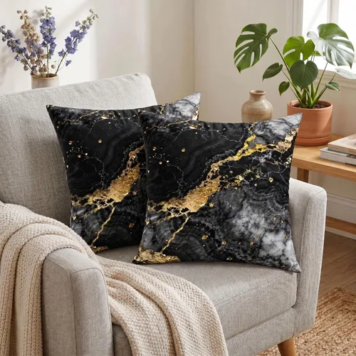 Miniatura 2 de Yobvec Juego de 2 fundas de almohada de 18 x 18 pulgadas, color negro dorado y gris, fundas de cojín decorativas de mármol abstracto, decoración