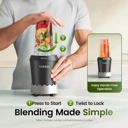 Miniatura 5 de TOPZEE Licuadora Personal de Batidos - Licuadora de 1000W de Una Sola Porción con Tazas de Viaje Portátiles de 24oz, Ideal para Batidos de Proteína