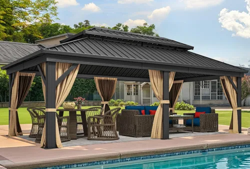 Miniatura 8 de DWVO Gazebo de techo rígido de 10 x 10 pies, techo doble con redes y cortinas, techo de rayas verticales de acero galvanizado resistente para patio