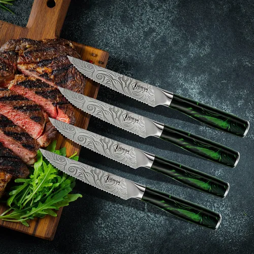 Miniatura 2 de SENKEN - Juego de cuchillos profesionales para carne con hermoso patrón grabado, colección Wasabi, acero de alto carbono dentado afilado y mango