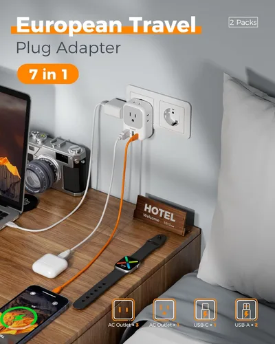 Miniatura 3 de TESSAN - Paquete de 2 adaptadores de enchufe de viaje europeos, convertidor de corriente para Europa, 4 tomacorrientes, 3 USB (1 USB C PD 20 W)