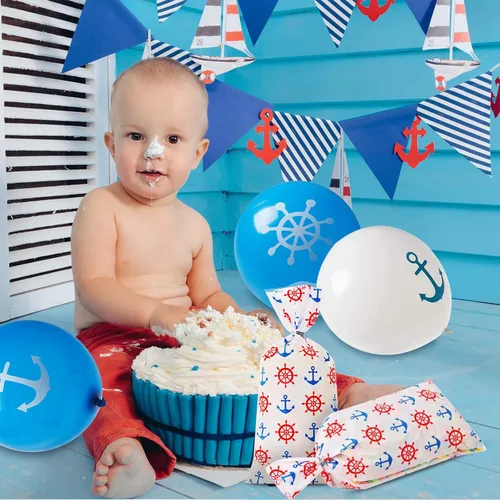 Miniatura 7 de Lecpeting 100 bolsas náuticas para golosinas, anclas, estampado de rueda, bolsas de celofán, regalos de fiesta náutica con lazos giratorios