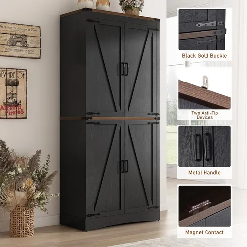 Miniatura 6 de Hlivelood Despensa de cocina de 71 pulgadas de alto, armario de almacenamiento de granja con estantes ajustables, tubo de acero que soporta carga