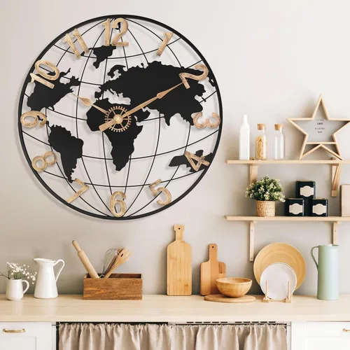 Miniatura 4 de Pytha Sight Reloj de pared grande de 24 pulgadas, reloj decorativo moderno y silencioso de metal con mapa mundial para decoración de sala de estar