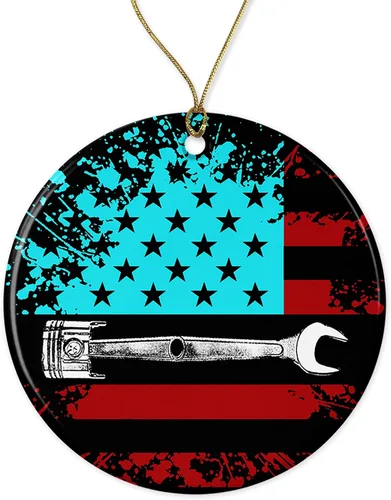 JenaGifts Adornos de Navidad de mecánico de bandera estadounidense 2021, adorno conmemorativo, regalo de cerámica para decoración de vacaciones,