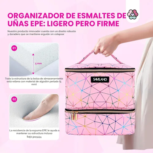 Miniatura 6 de SAVILAND Bolsa Organizadora de Esmalte de Uñas: Organizador de Almacenamiento de Esmalte de Uñas de Cuero PU que Contiene 30 Botellas y Lámpara