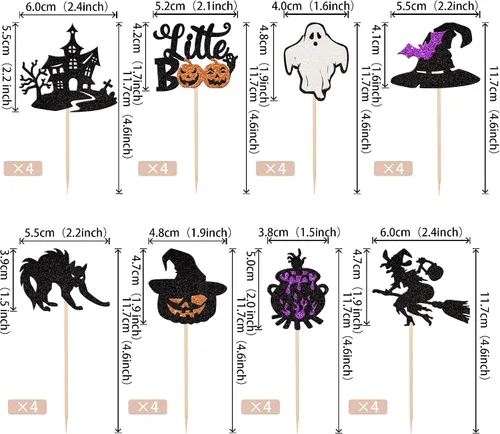 Miniatura 2 de Rsstarxi Paquete de 24 adornos para cupcakes Little Boo con purpurina, bruja, gato, calabaza, castillo, fantasma, magdalenas, alimentos, decoración