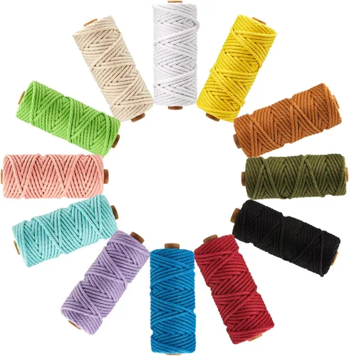 PHUNTTEK - Cuerda de macramé de 5 mm, kit de 12 colores de cuerda de algodón de suministros con 4 hebras de hilo de yarda de colores para