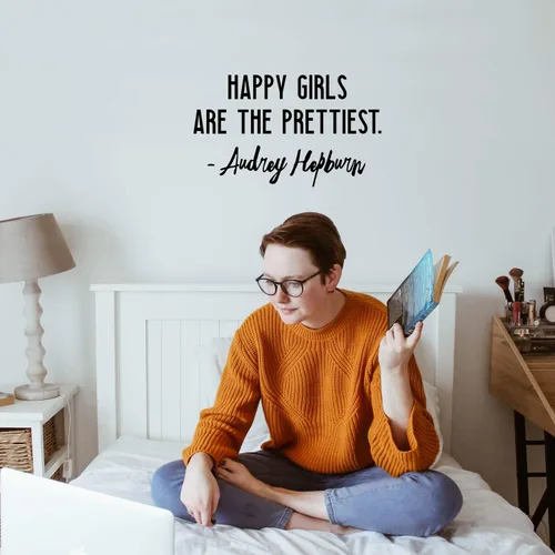 Miniatura 2 de Calcomanía de vinilo para pared, diseño de Happy Girls are The Prettiest, 12 x 20 pulgadas, calcomanía motivacional de moda con cita positiva