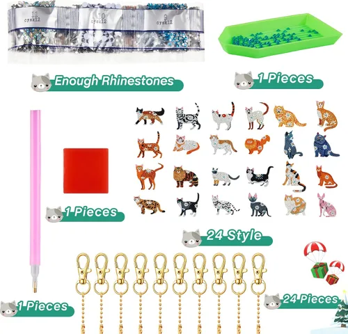 Miniatura 5 de Henoyso 24 Piezas Llaveros de Pintura de Diamante, Llaveros de Arte de Diamantes para Bricolaje, Kit de Taladro de Doble Cara 5D, Juego de Adornos