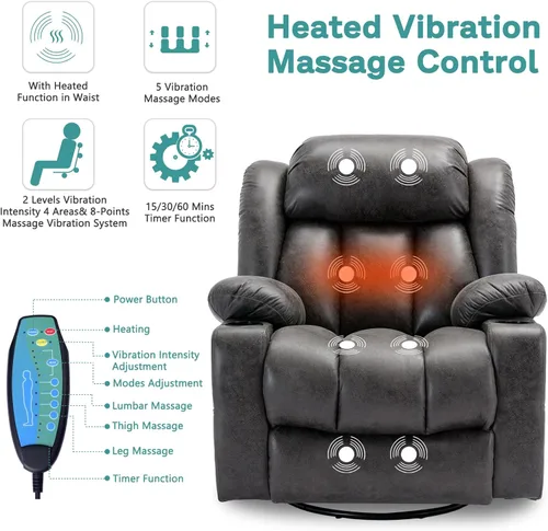 Miniatura 4 de MEETWARM Massage Swivel Rocker Recliner with Heat and Vibration, Manual Glider Rocking Recliner Chair, 360°Swivel Lounge Reclining Chair with Cup