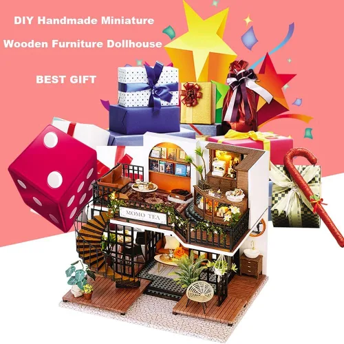 Miniatura 6 de Roroom Kit de casa de muñecas en miniatura y muebles, modelo de casa de muñecas de madera en 3D con cubierta a prueba de polvo y movimiento musical
