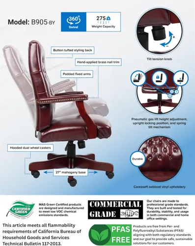 Miniatura 4 de Scranton & Co Silla ejecutiva de respaldo alto, piel sintética, rojo sangre de buey, 27 pulgadas de ancho x 28 pulgadas de profundidad x 43-46.5