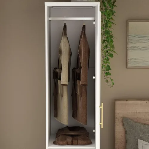Miniatura 4 de ECACAD Armario delgado blanco con 2 puertas, estantes de 3 niveles y barra para colgar, armario de almacenamiento de madera para dormitorio