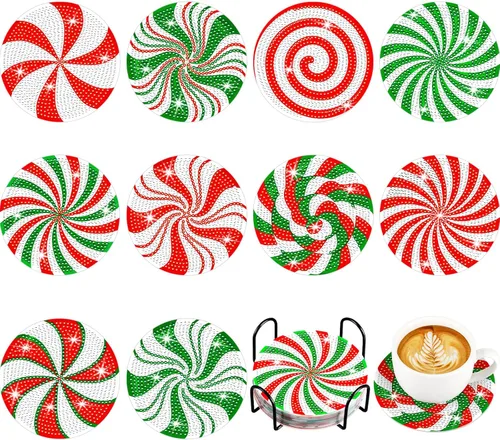 Miniatura 12 de 10 piezas de posavasos de arte de diamante con bola de Navidad DIY Posavasos de pintura de diamante rojo y verde con copo de nieve y alce de Navidad
