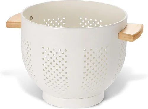 Miniatura 12 de Colador de metal con mango de madera y base estable, cesta coladora de cocina de acero con recubrimiento en polvo para escurrir pasta, verduras