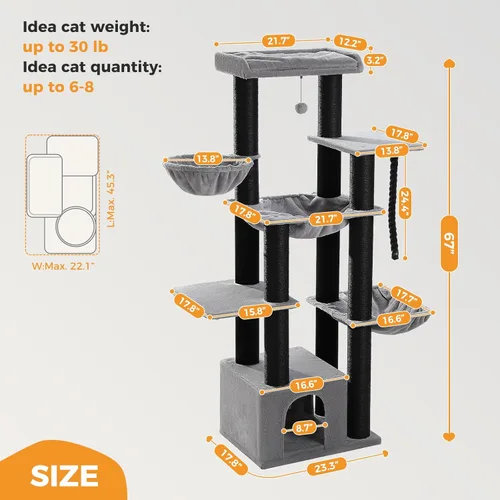 Miniatura 7 de MUTTROS Maine Coon Árbol para Gatos-67 Torre Grande para Gatos de Interior Gatos Grandes Adultos con 7 Postes Rascadores Negros Gruesos (φ4.3)
