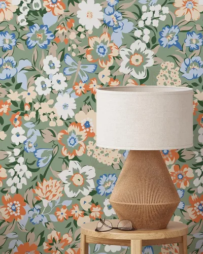 Papel tapiz floral retro colorido, papel tapiz botánico autoadhesivo extraíble, papel tapiz floral para despegar y pegar (1 rollo de 24 pulgadas de