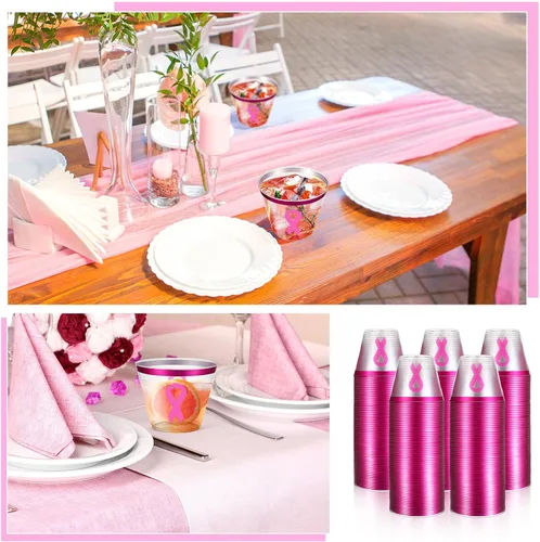 Miniatura 6 de Gejoy 50 vasos de plástico desechables de 9 onzas para concienciación sobre el cáncer de mama, con borde rosa, vasos desechables para fiestas, copas
