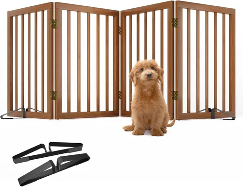 Miniatura 6 de Puerta independiente para mascotas, plegable, de 4 paneles, puerta de nogal para perros, para escaleras, puertas de casa, interiores