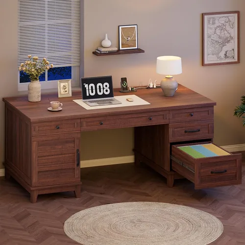 Miniatura 9 de GAOMON Escritorio ejecutivo de madera de 54.5 pulgadas con cajones, mesa de computadora de oficina con estación de carga, escritorio de oficina
