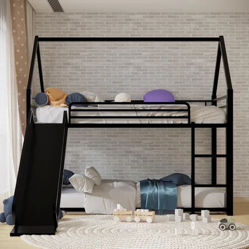 Miniatura 3 de Litera de cama individual sobre individual con tobogán, marco de cama en forma de casa con escalera, estructura de cama baja de servicio pesado