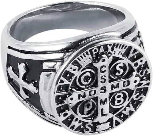 Miniatura 2 de HZMAN Anillo de exorcismo de San Benito para hombres y mujeres, plata de acero inoxidable, cruz católica, romana, protección de demonios, cazador