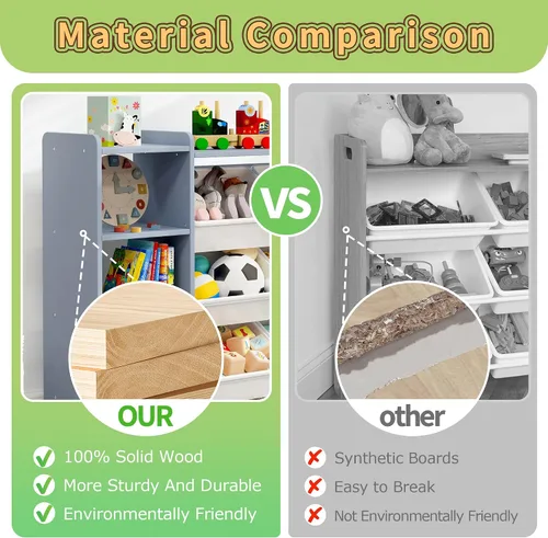 Miniatura 5 de MallBest Estante organizador de almacenamiento de juguetes para niños de 4 niveles, 100% madera maciza, armario de almacenamiento para niños con 9
