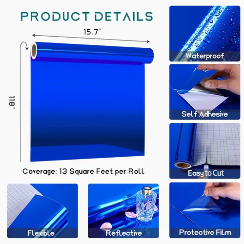 Miniatura 7 de VEELIKE Papel tapiz de vinilo metálico azul brillante de 15.7''x118'', despegar y pegar, vinilo espejo azul no reflectante, rollo de vinilo adhesivo