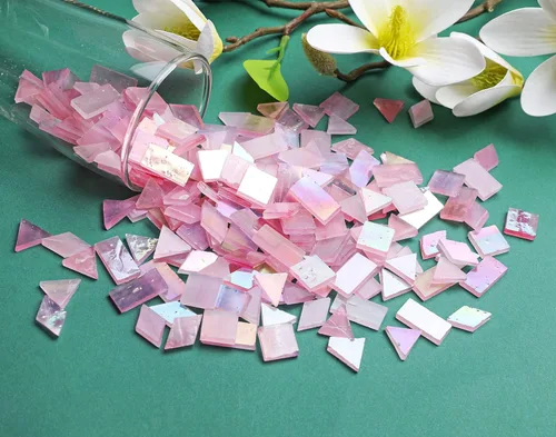 Miniatura 5 de Lanyani Azulejos de mosaico de vidrio con efecto iridiscente para manualidades artísticas, 200 piezas, 4 formas mezcladas, brillo rosa (Pink Glimmer)