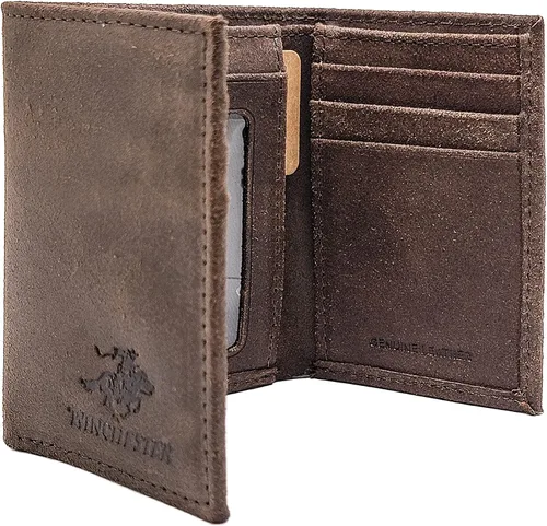 Winchester Trifold Carteras para hombres de cuero genuino grano completo, delgado minimalista cartera RFID ranura para tarjeta con ventana de