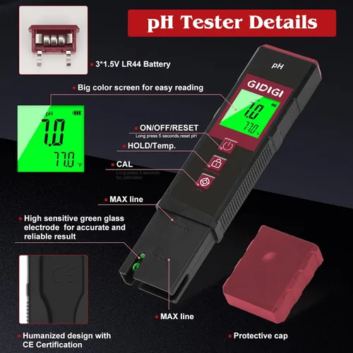 Miniatura 4 de Medidor de pH Digital de Alta Precisión Certificado UL con Kits de Prueba de pH, Pantalla LCD Retroiluminada de Color con Tira de Prueba de pH