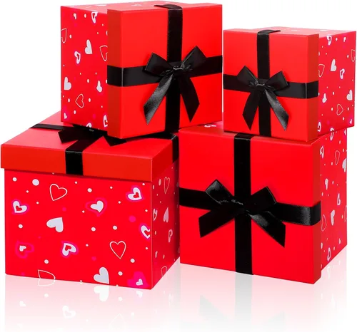 Epakh 4 cajas anidables cuadradas decorativas con tapas, corazones negros y rojos, varios tamaños para aniversario, cumpleaños, boda, despedida de