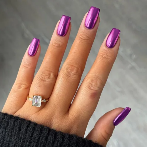 Uñas Postizas Cuadradas de Cromo Púrpura Cortas Medianas para Presionar, KQueenest Uñas Acrílicas Falsas de Plateado Metálico Espejo para Presionar,