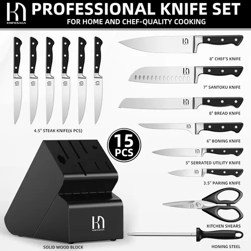 Miniatura 6 de KnifeSaga Juego de cuchillos, juego de 15 piezas de bloque de cuchillos de cocina, juego de cuchillos de chef japoneses de alta carbono de acero