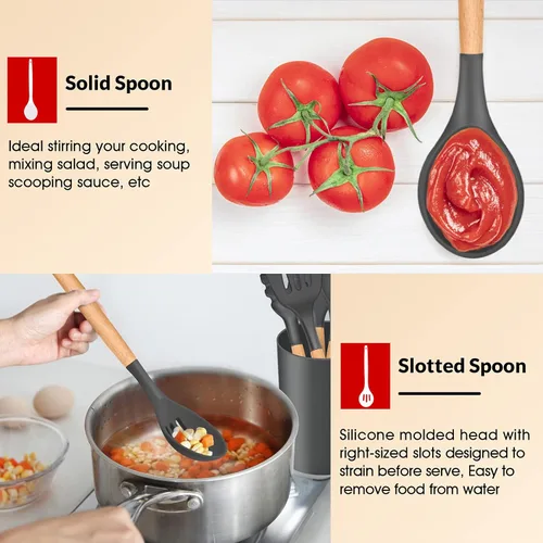 Miniatura 7 de E-far Juego de 6 utensilios de cocina de silicona con mango de madera, utensilios de cocina antiadherentes y resistentes al calor, incluye Gris